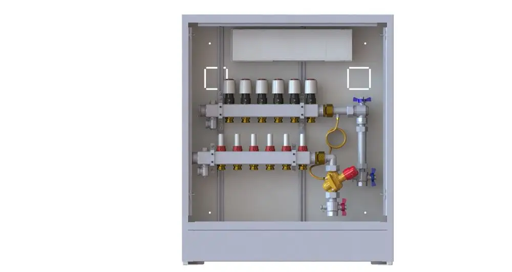 Danfoss Heizkreisverteilung mit mehreren Ventilen und Anschlussfittings, montiert in einem grauen Gehäuse, für den hydraulischen Abgleich und die Verteilung von Heizwasser.
